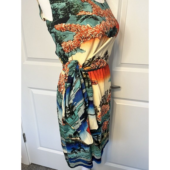 Carven Dress Asian Print Tie Wrap Scoop Neck Abstract Swoop Neck 36 8 / 10 - Picture 4 of 16